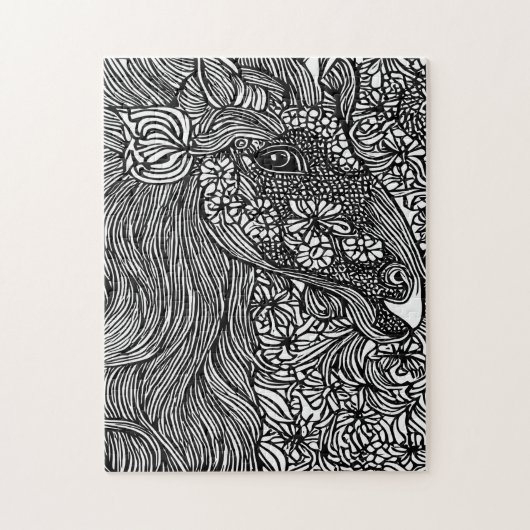 Puzzle Abstract Horse face Flowers Original ink Art (Vertical)