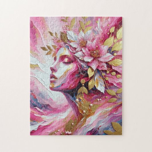 Puzzle Abstrait Elegant femme visage rose feuille (Vertical)