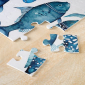 Puzzle Activité du poisson d'aquarelle bleue. Jeu marin (Côté)