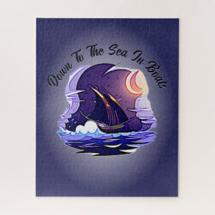 Puzzle Add Name Your Text, Sailing Ship, Clouds Moon Blue