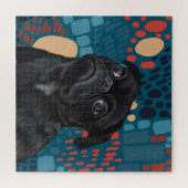 Puzzle Adorable assis Carlin noir chien sur bleu Abstrait (Horizontal)