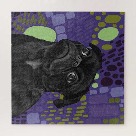 Puzzle Adorable assis Carlin noir chien sur violet Abstra (Horizontal)