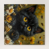 Puzzle Adorable Chat Noir au Milieu des Fleurs (Horizontal)