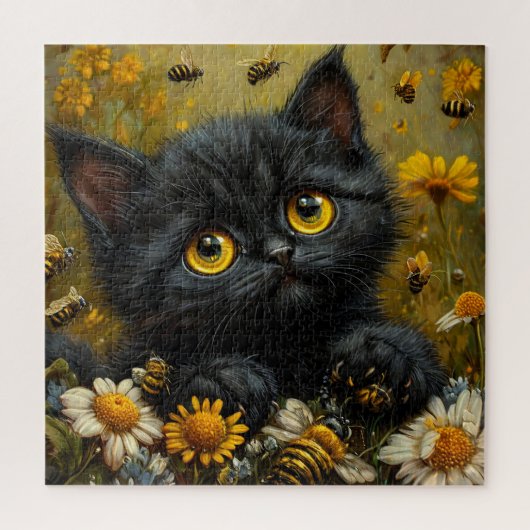 Puzzle Adorable Chat Noir au Milieu des Fleurs (Vertical)
