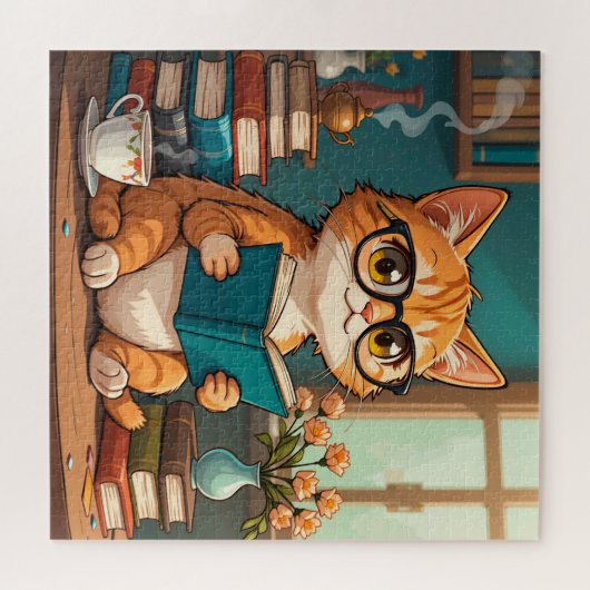 Puzzle Adorable Chat portant des lunettes Lecture d'un li (Horizontal)