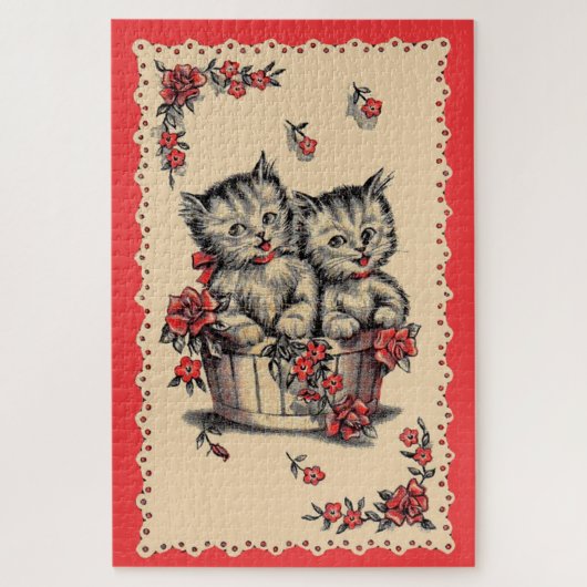 Puzzle adorable chatons dans un panier de fleurs (Vertical)