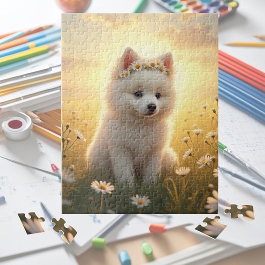 Puzzle Adorable little, white Spitz puppy 