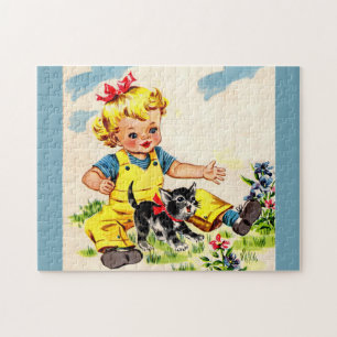Puzzle adorable petite fille avec adorable petit chaton