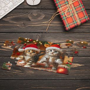 Puzzle Adorables chatons avec le Père Noël et chapeaux de