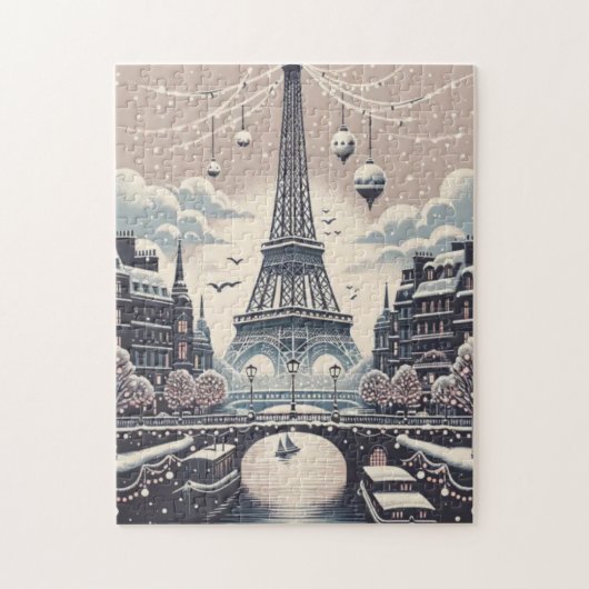 Puzzle Affiche de Noël à Paris – Tour Eiffel enneigée en (Vertical)