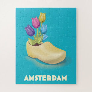 Puzzle Affiche de voyage Amsterdam Cloggs et Tulipes.