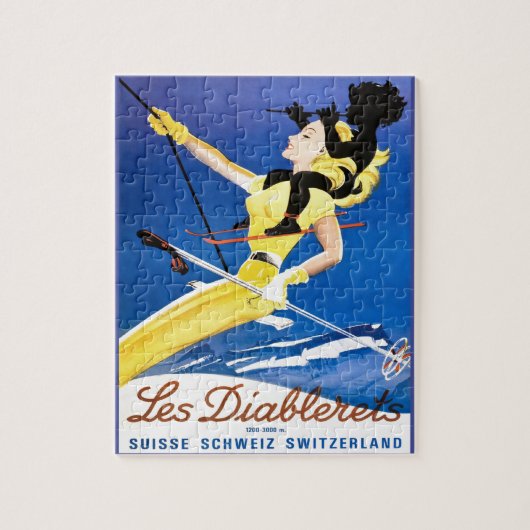 Puzzle Affiche vintage de ski, Les Diablerets, Suisse (Vertical)