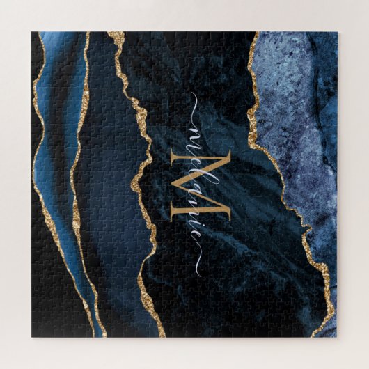 Puzzle Agate Navy Blue Gold Gemstone Marble Monogram (Horizontal)