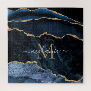 Puzzle Agate Navy Blue Gold Gemstone Marble Monogram Name