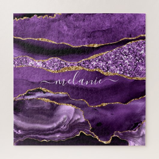 Puzzle Agate Purple Violet Gold Glitter Geode Custom Name (Vertical)