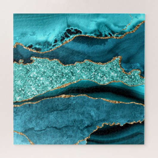 Puzzle Agate Turquoise Blue Gold Parties scintillant Marb (Horizontal)