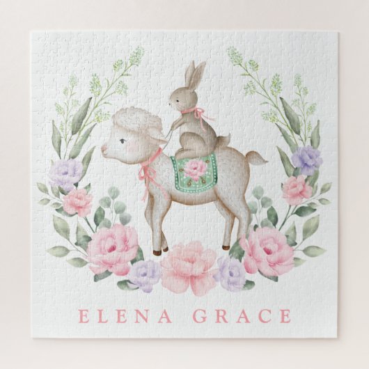 Puzzle Agneau Bébé et lapin Floral verdure Pâques Cadeau (Vertical)