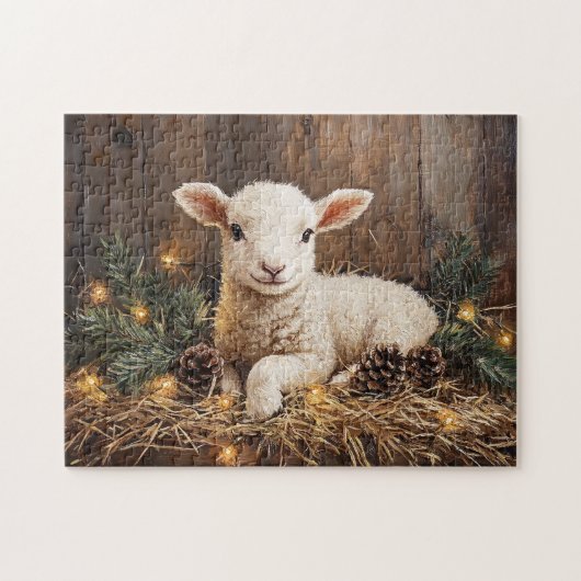 Puzzle Agneau de Noël mignon peinture rustique (Horizontal)
