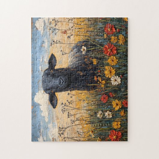 Puzzle Agneau noir rustique avec art Fleur sauvage (Vertical)