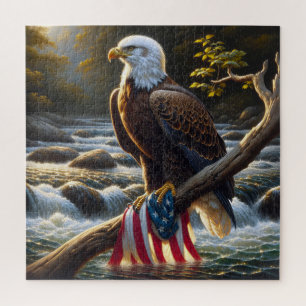Puzzle Aigle à tête blanche avec drapeau américain sur un