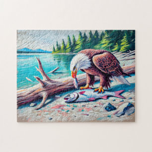 Puzzle Aigle mangeant du poisson sur la rive du fleuve de