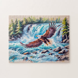 Puzzle Aigle volant devant une cascade à la craie pastel