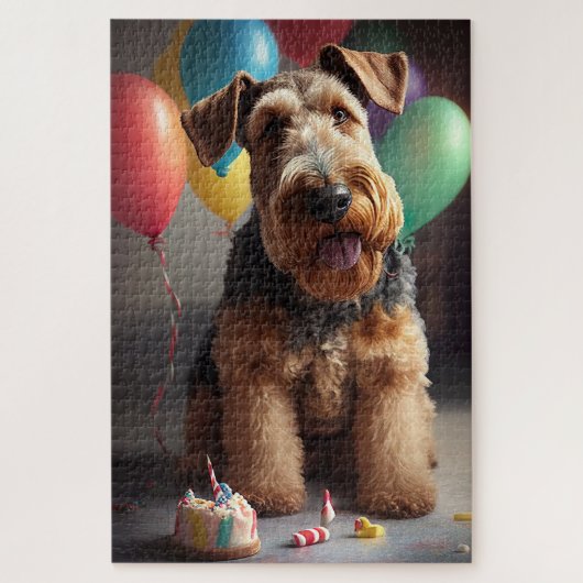 Puzzle Airedale chien avec gâteau et ballons (Vertical)