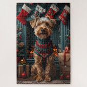 Puzzle Airedale Chien Avec Les Cadeaux De Noël Cheminée (Vertical)