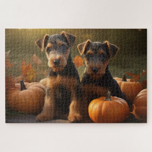 Puzzle Airedale Chiot Automne Citrouille délice (Horizontal)