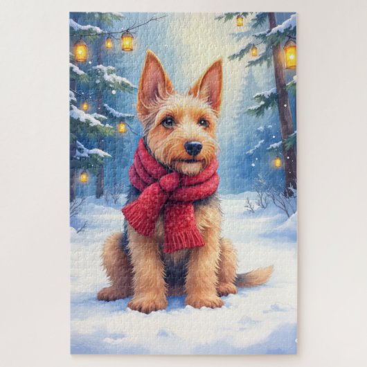 Puzzle Airedale Terrier aquarelle Noël enneigé (Vertical)