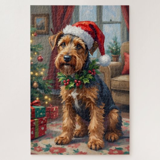 Puzzle Airedale Terrier Santa Hat Christmas Fun Art (Vertical)