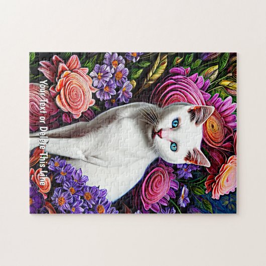 Puzzle Ajouter un nom Texte, Chat blanc avec fleurs Abstr (Horizontal)