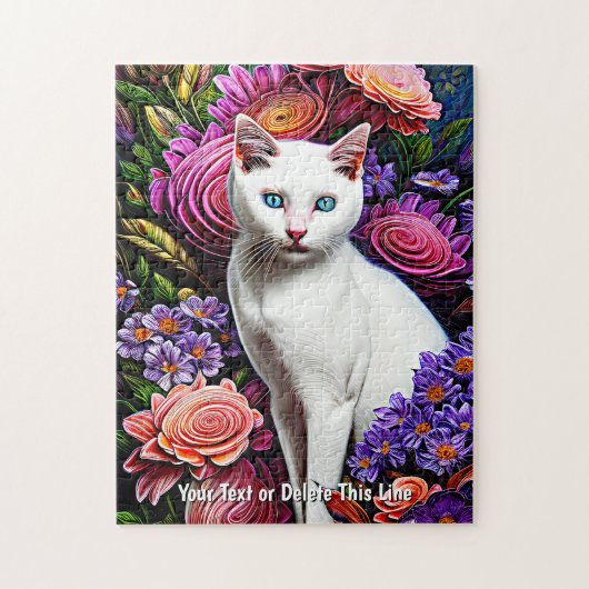 Puzzle Ajouter un nom Texte, Chat blanc avec fleurs Abstr (Vertical)