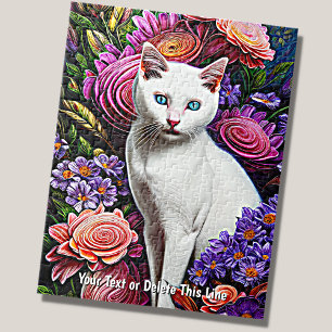 Puzzle Ajouter un nom Texte, Chat blanc avec fleurs Abstr