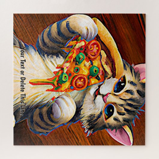 Puzzle Ajouter un nom Texte, Chat drôle avec Pizza (Horizontal)