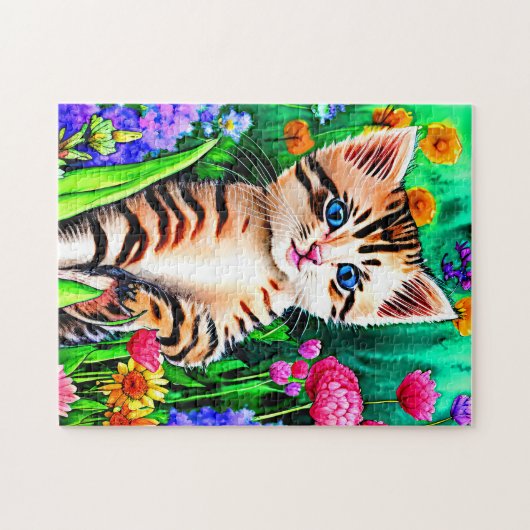 Puzzle Ajouter un nom Texte, Chat Kitten avec fleurs dans (Horizontal)