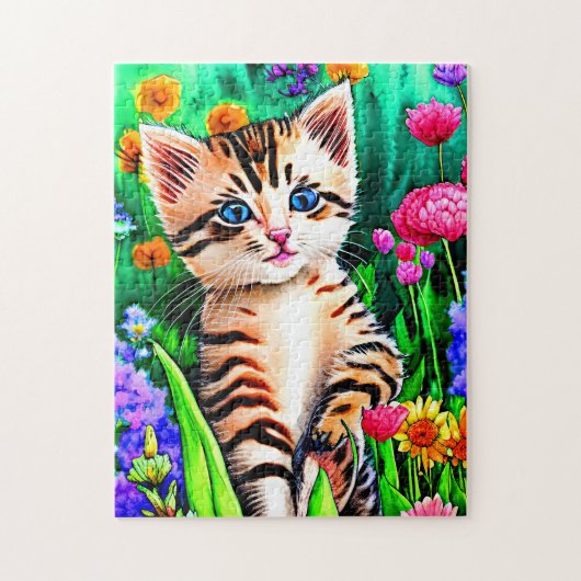 Puzzle Ajouter un nom Texte, Chat Kitten avec fleurs dans (Vertical)