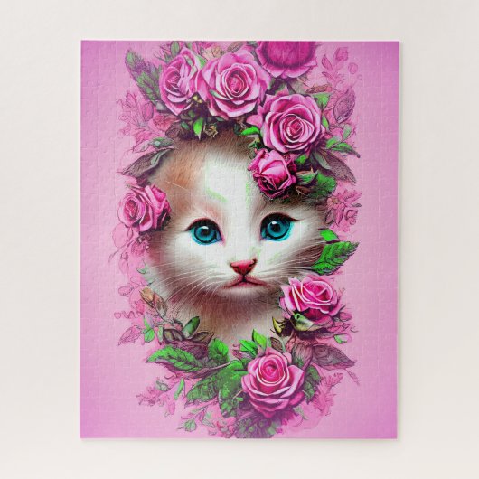Puzzle Ajouter un nom Texte, mignon Chic Kitten, Roses ro (Vertical)