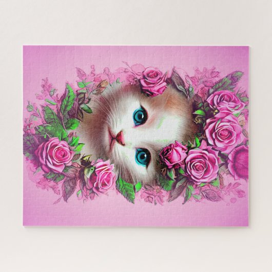 Puzzle Ajouter un nom Texte, mignon Chic Kitten, Roses ro (Horizontal)