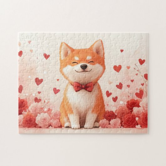 Puzzle Akita avec des Roses - Saint-Valentin (Horizontal)