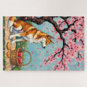 Puzzle Akita Dog Valentine's Day Cherry Blossom Picnic (Horizontal)