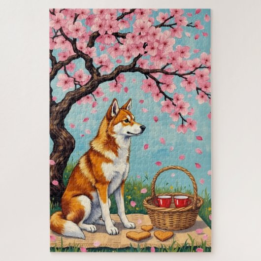 Puzzle Akita Dog Valentine's Day Cherry Blossom Picnic (Vertical)