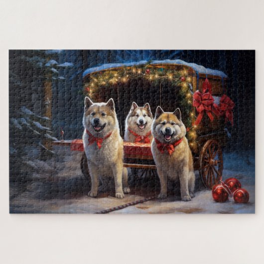 Puzzle Akita Snowy Sleigh Ride Décor de Noël (Horizontal)