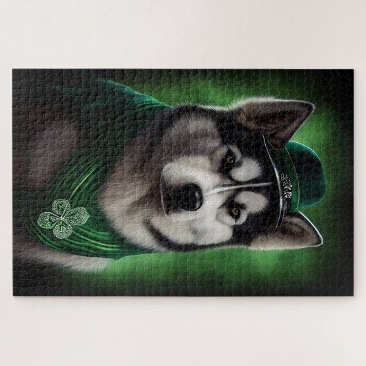 Puzzle Alaskan Malamute chien en robe de fête St. Patrick (Horizontal)