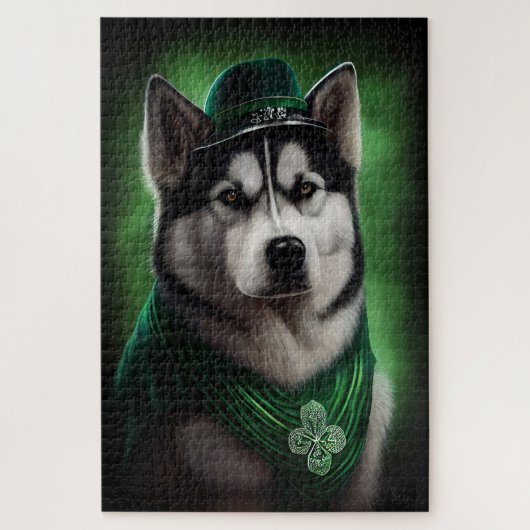 Puzzle Alaskan Malamute chien en robe de fête St. Patrick (Vertical)