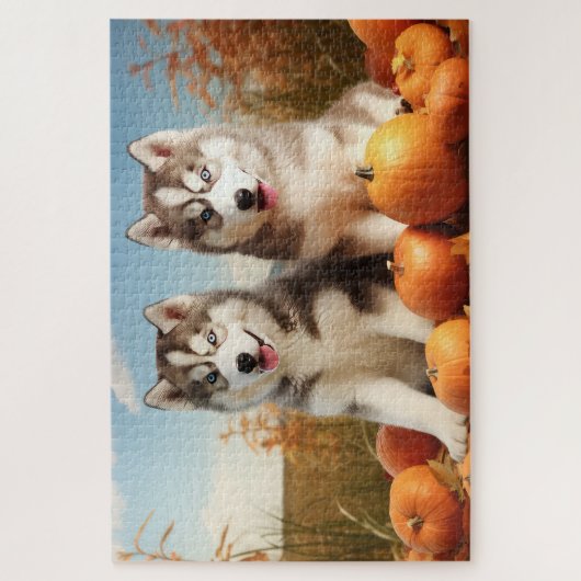 Puzzle Alaskan Malamute Chiot Automne Citrouille délice (Vertical)