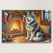 Puzzle Alaskan Malamute Fireplace with Christmas Lights (Horizontal)