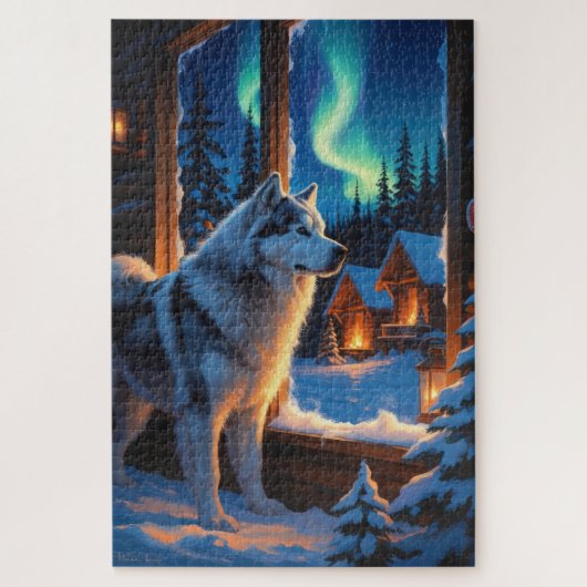 Puzzle Alaskan Malamute With Christmas Lights Holiday (Vertical)