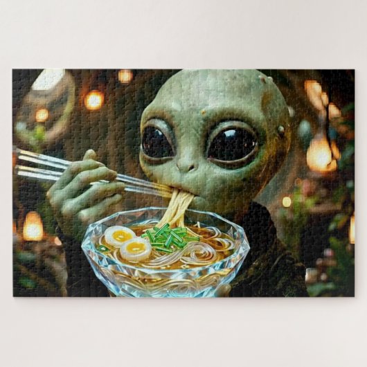 Puzzle Alien drôle mangeant des nouilles Ramen Monogrammé (Horizontal)