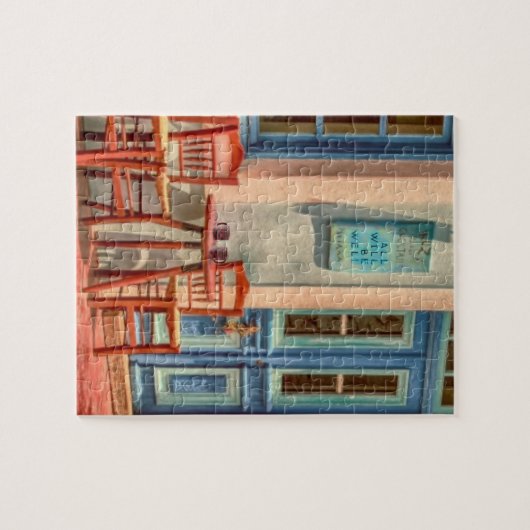 Puzzle “ALL WILL BE WELL” message on GREEK CAFE MENU, (Horizontal)